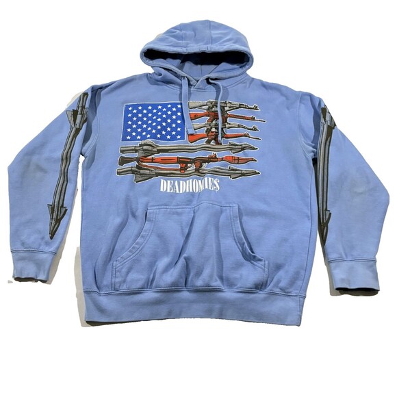 Dead Homies Blue Mens Graphic Print Gun Pullover USA Flag Hoodie Sweatshirt Sz L - Picture 1 of 9